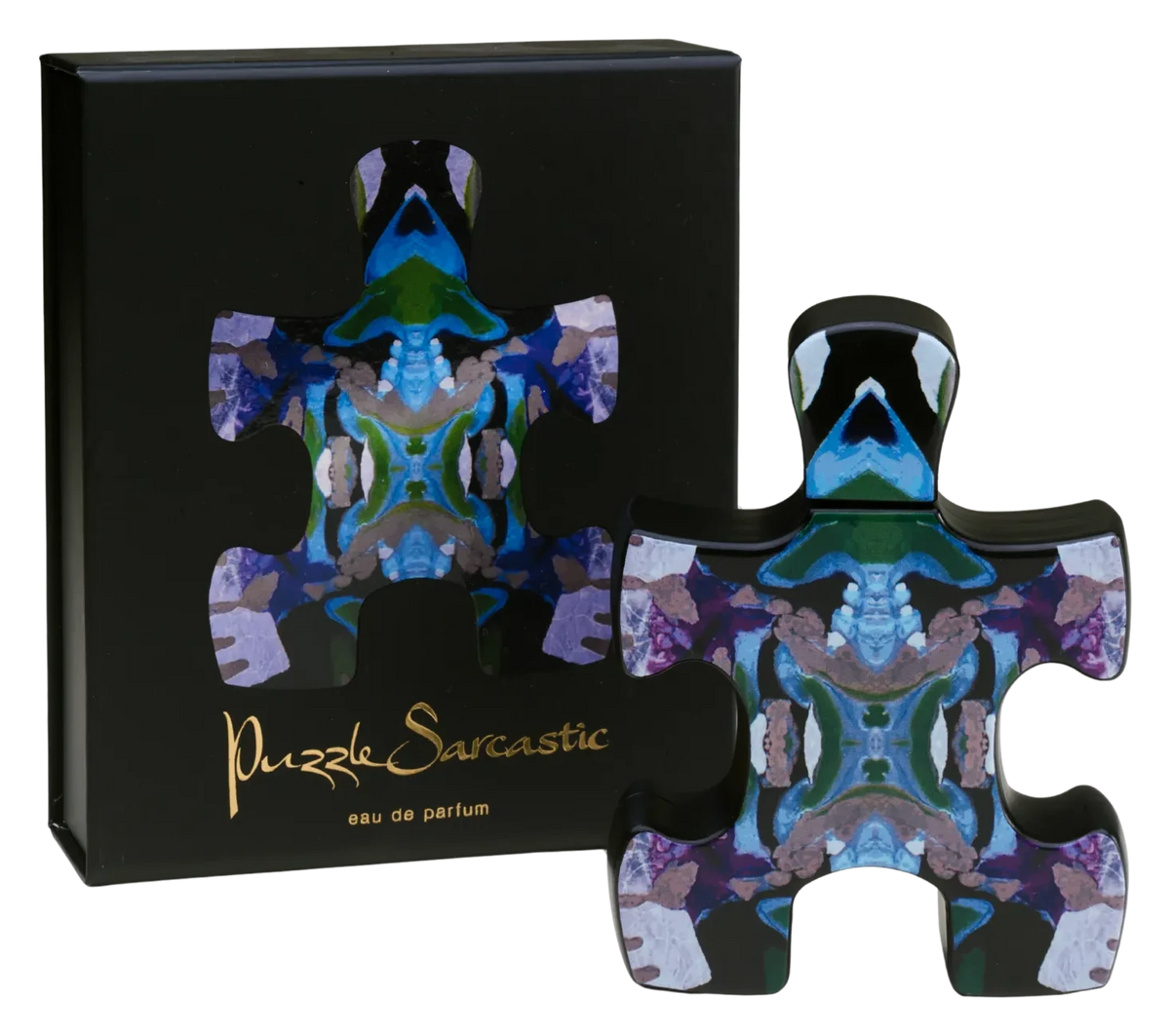 Puzzle Sarcastic Eau de Parfum 90 ml, heykelsi sanat şişesi ve kutusu