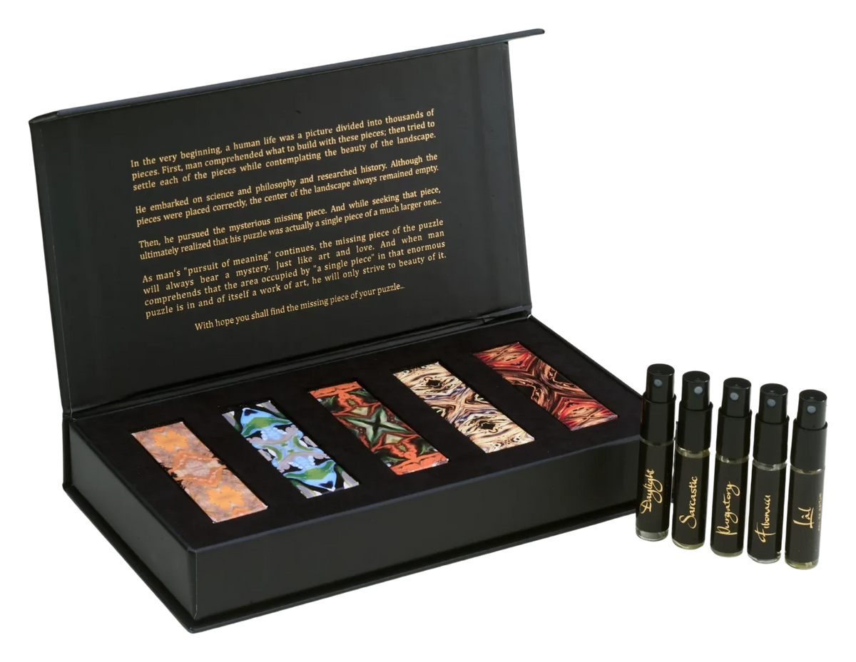 Puzzle Parfum Discovery Set, beş niş parfüm 2.5 ml şişelerde, açık kutu
