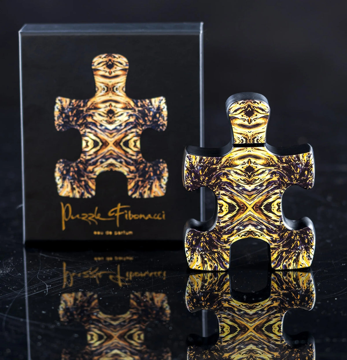 Puzzle Fibonacci artistic niche perfume bottle, studio photograph