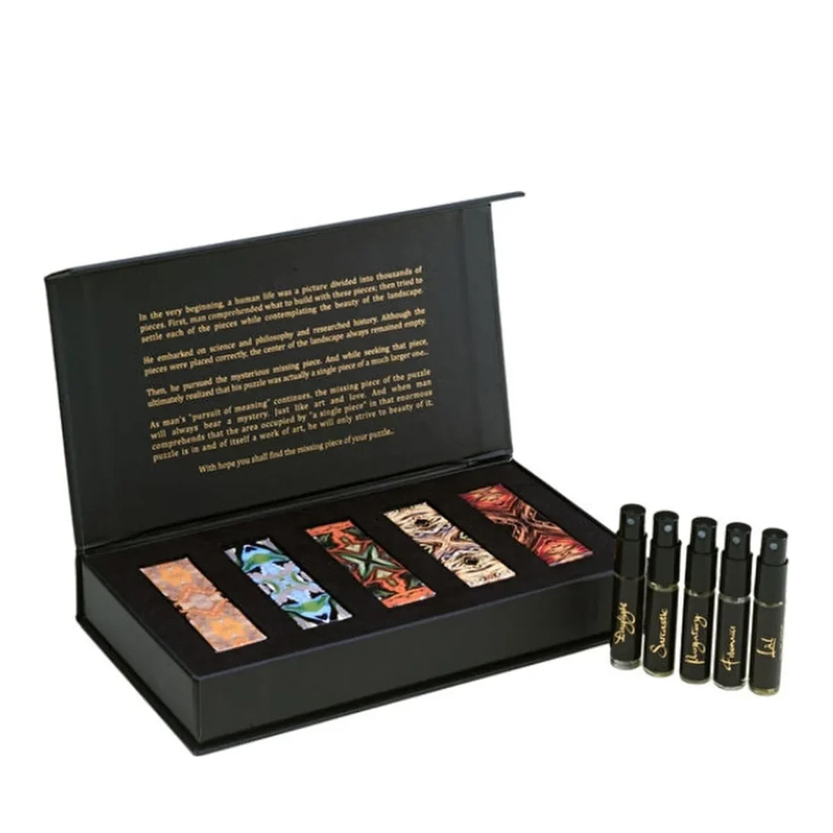 Discovery Set kutusu açık, beş 2.5 ml şişeyle